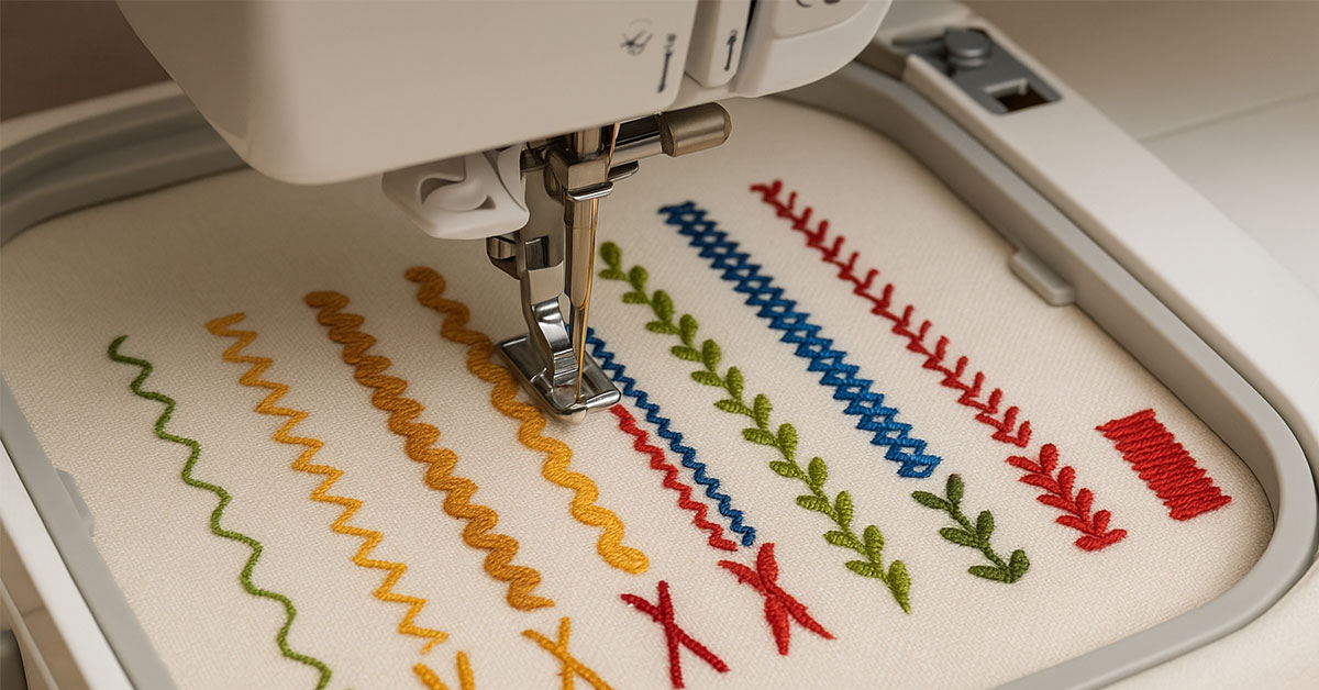 Embroidery machine creating different types of embroidery stitches including zigzag, satin stitch, decorative stitches, and feather stitches in colorful threads on white fabric
