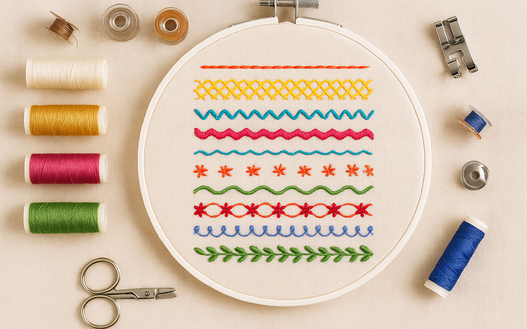 Embroidery hoop displaying 10 different types of embroidery stitches including running stitch, chain stitch, zigzag stitch, cross stitch, and decorative border stitches, surrounded by colorful embroidery threads, scissors, and sewing supplies
