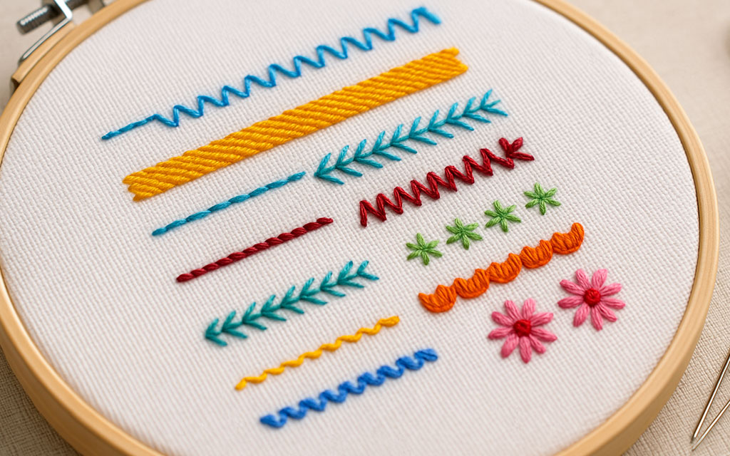Embroidery hoop displaying various types of embroidery stitches including satin stitch, chain stitch, feather stitch, lazy daisy flowers, and decorative line stitches in colorful threads on white fabric