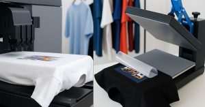 Split screen comparison showing DTG printing directly onto white t-shirt versus DTF heat press transfer method to determine which is better DTG or DTF for custom apparel