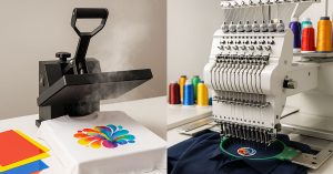 Heat transfer vs embroidery side-by-side comparison showing heat press machine with colorful design on white t-shirt and embroidery machine stitching logo on navy polo shirt