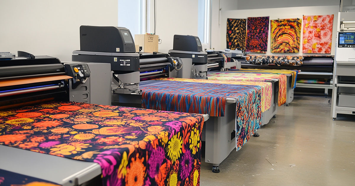Large-scale DTF printing facility with multiple printers producing colorful fabric prints, showcasing direct to film printing pros and cons