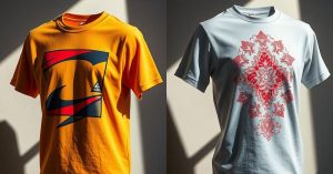 Side-by-side comparison of two custom printed t-shirts: yellow shirt with bold geometric design ideal for screen printing, and gray shirt with detailed red floral pattern perfect for DTG printing, showcasing how design complexity determines the best decoration method
