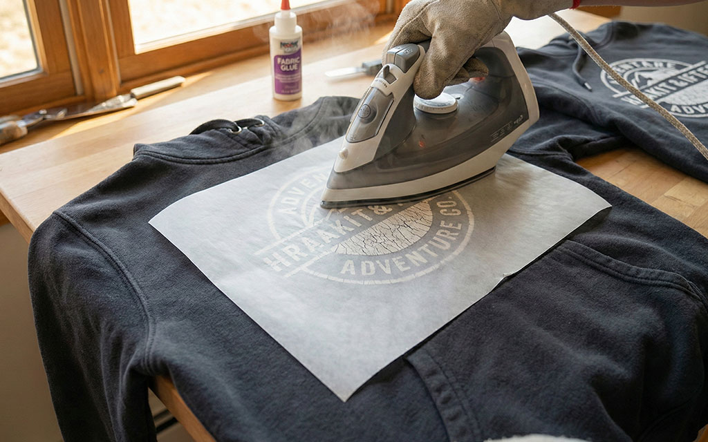 Hand using household iron with parchment paper to fix cracked hoodie print, demonstrating iron method repair technique for damaged prints
