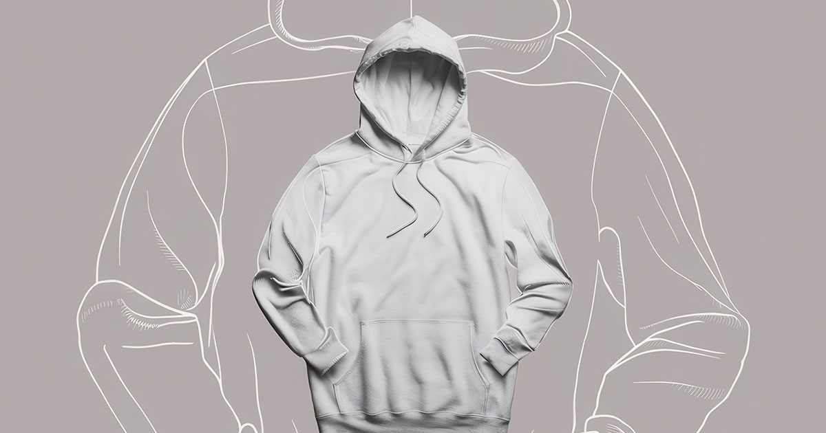 Ideas for hoodie design showing minimal blank hoodie with outlined graphic design variations on gray background