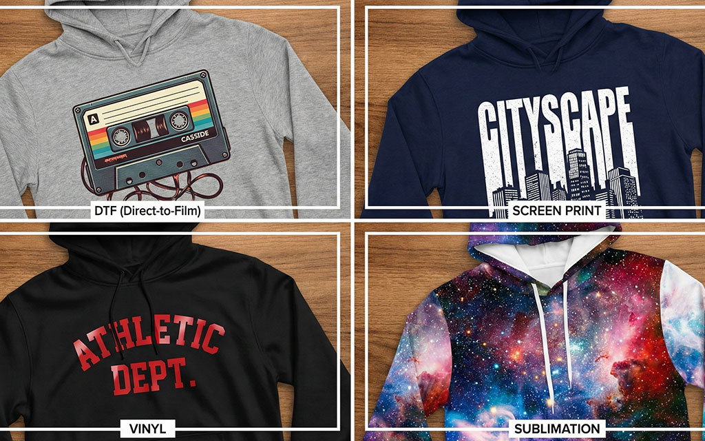 Comparison of four hoodie printing methods showing DTF print with cassette design, screen print with cityscape text, vinyl heat transfer with athletic lettering, and sublimation with galaxy pattern
