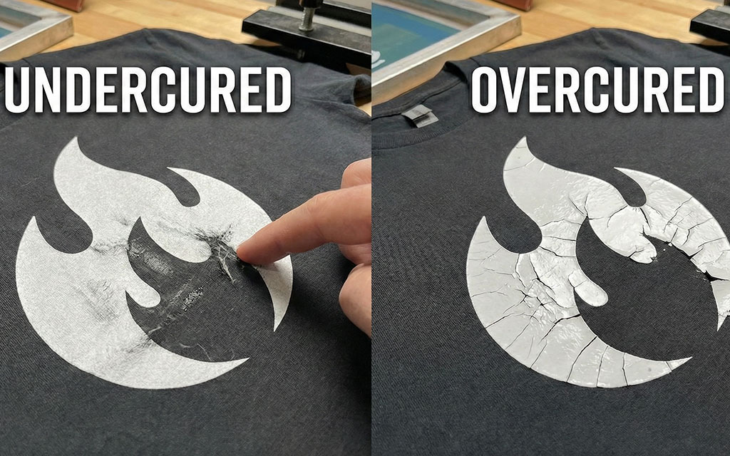 Side-by-side comparison showing undercured print with tacky sticky surface on left and overcured print with severe cracking on right demonstrating improper curing effects