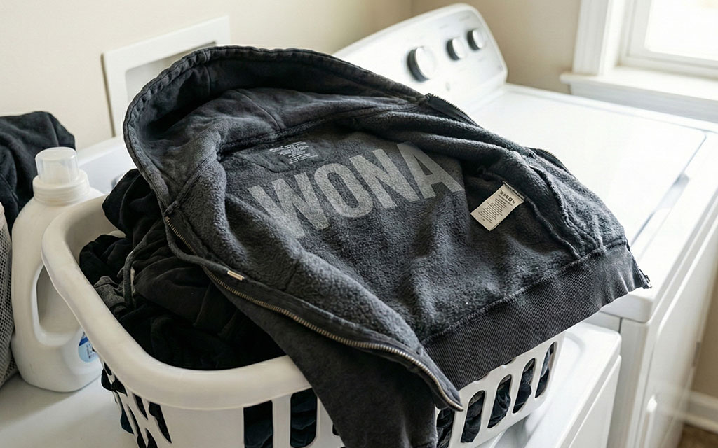 Black hoodie turned inside-out in laundry basket with mild detergent showing proper washing technique to prevent print cracking and extend print life