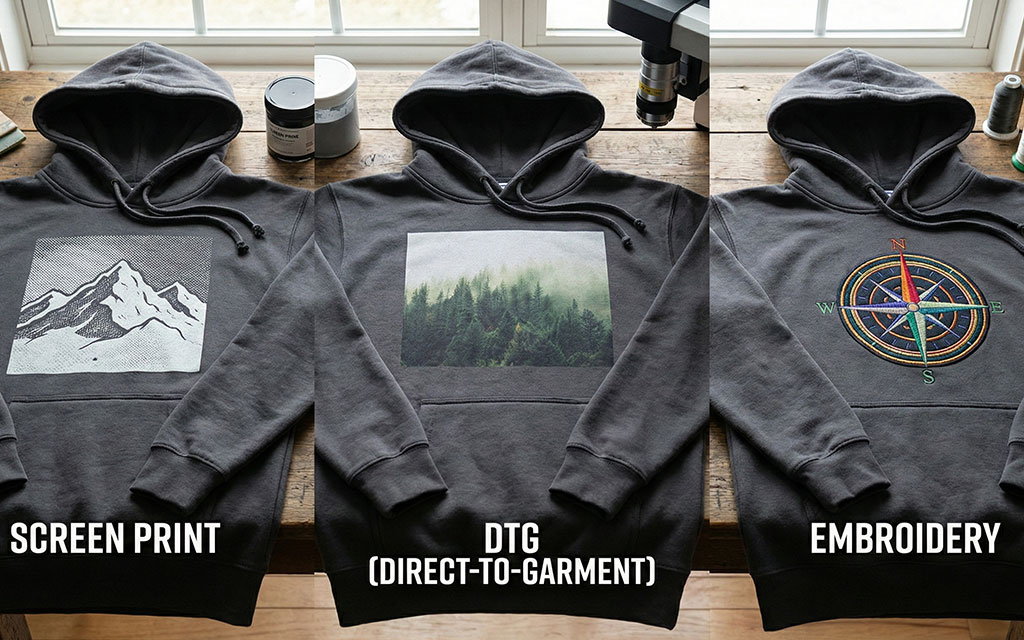 Different hoodie printing methods comparison showing screen print, DTG direct-to-garment, and embroidery techniques on dark hoodies