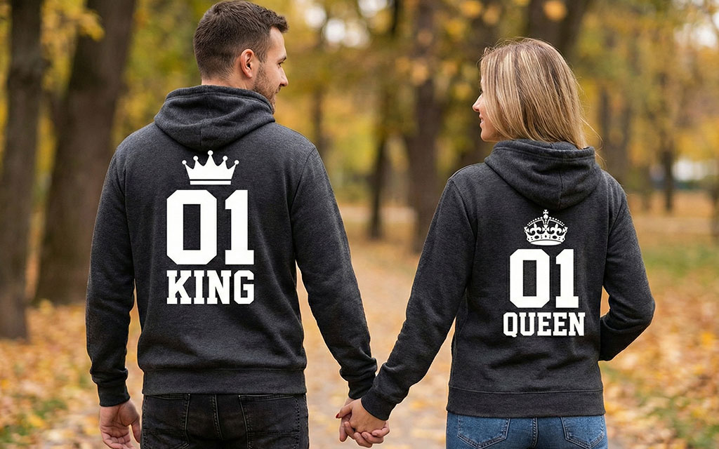 Personalized hoodies for couples with matching King and Queen custom designs showing coordinated back graphics