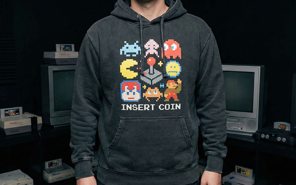 Retro gaming hoodie featuring pixel art characters and Insert Coin arcade-inspired design for creative hoodie ideas