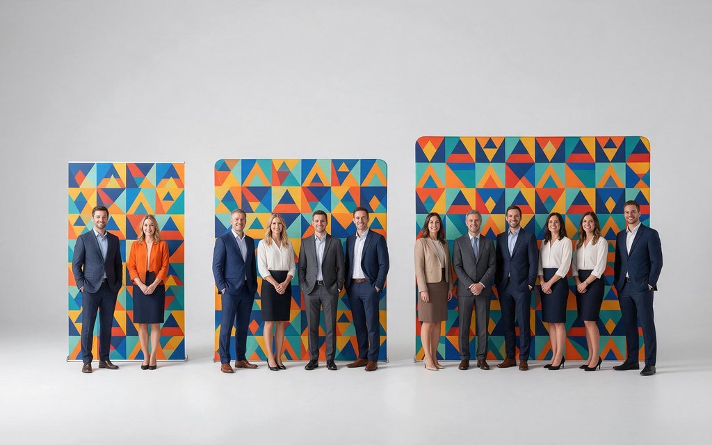 Size comparison showing how many people fit an 8ft, 10ft and 12ft wide step and repeat backdrop