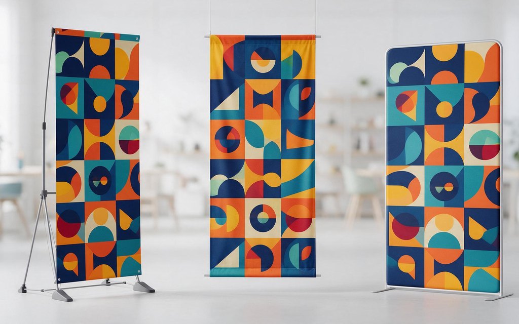 Freestanding banner stand, pole pocket install and tension fabric frame side by side