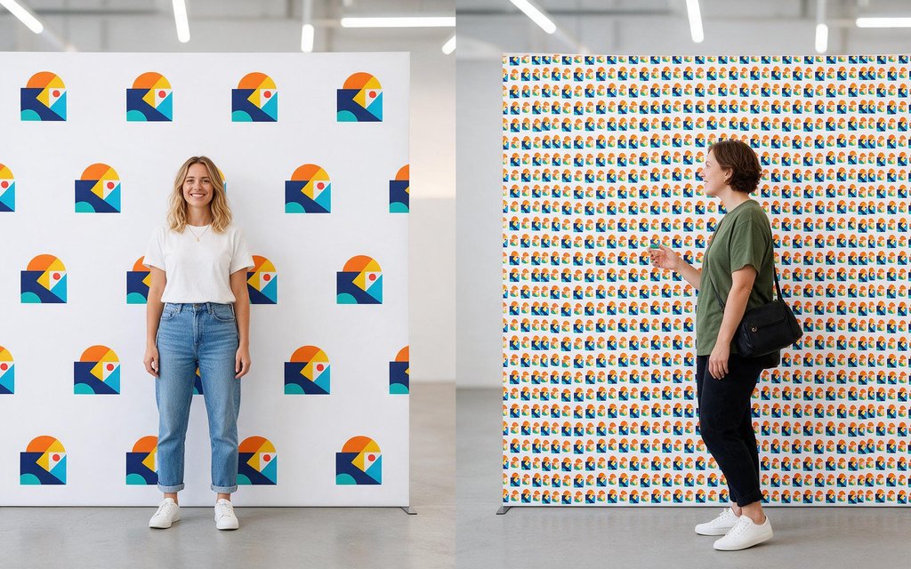 Step and repeat logo grid at the right scale next to the same logo printed too small and crammed together