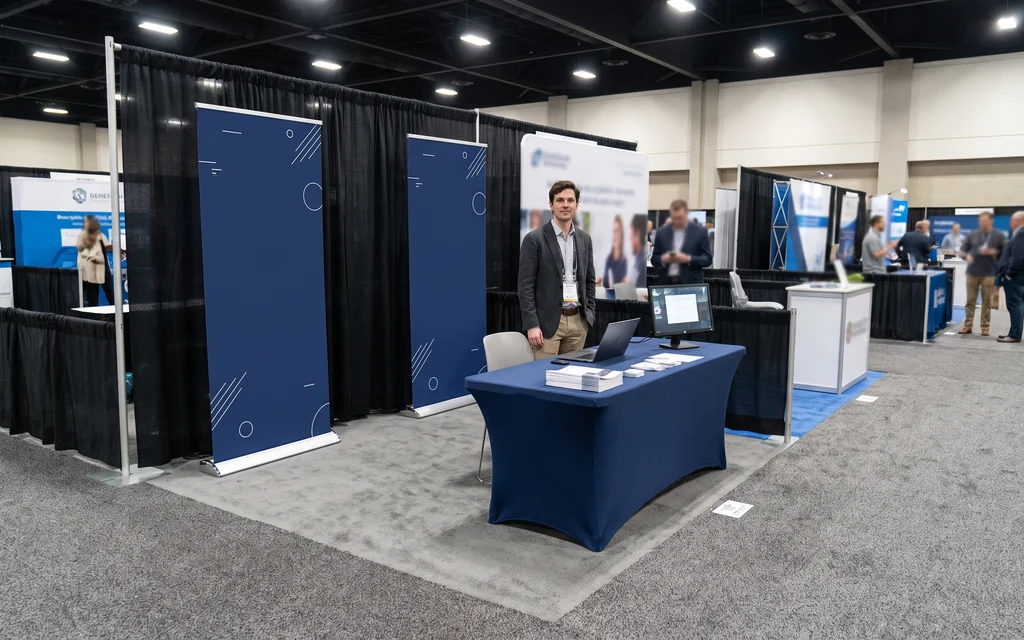 Two 33-inch retractable banner stands and a 6-foot demo table with a navy cover inside a 10x10 trade show booth