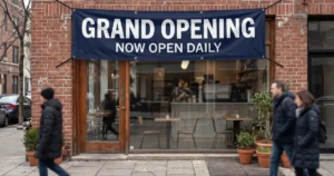 Navy vinyl grand opening banner with metal grommets hung above a brick cafe storefront in Queens, New York