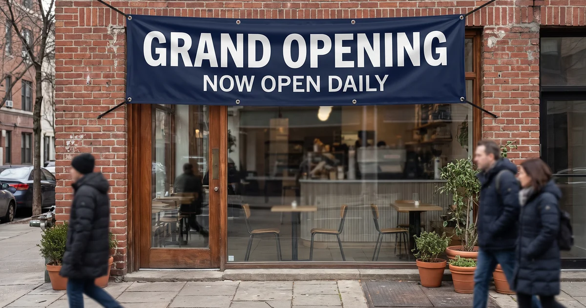 Navy vinyl grand opening banner with metal grommets hung above a brick cafe storefront in Queens, New York