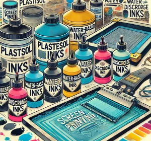 Various bottles of plastisol, water-based, and discharge inks arranged around a screen printing setup, showcasing the best screen printing ink options for vibrant and durable prints.