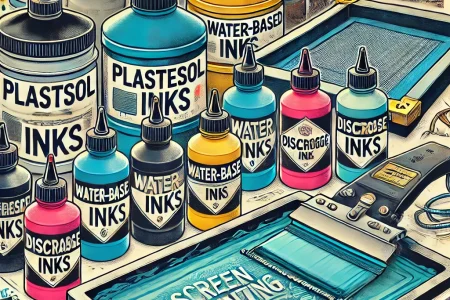 Various bottles of plastisol, water-based, and discharge inks arranged around a screen printing setup, showcasing the best screen printing ink options for vibrant and durable prints.