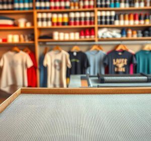 Professional t shirt printing types workshop showing screen printing mesh frame with custom printed t-shirts and colorful ink supplies in background demonstrating various printing methods