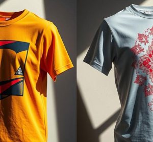 Side-by-side comparison of two custom printed t-shirts: yellow shirt with bold geometric design ideal for screen printing, and gray shirt with detailed red floral pattern perfect for DTG printing, showcasing how design complexity determines the best decoration method