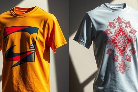 Side-by-side comparison of two custom printed t-shirts: yellow shirt with bold geometric design ideal for screen printing, and gray shirt with detailed red floral pattern perfect for DTG printing, showcasing how design complexity determines the best decoration method