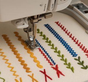 Embroidery machine creating different types of embroidery stitches including zigzag, satin stitch, decorative stitches, and feather stitches in colorful threads on white fabric