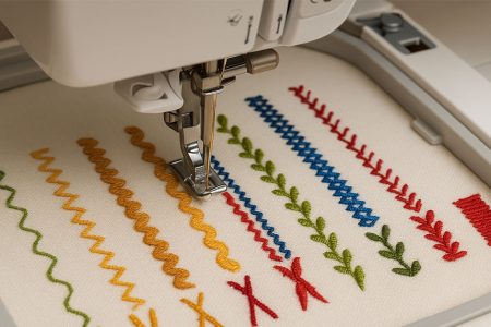 Embroidery machine creating different types of embroidery stitches including zigzag, satin stitch, decorative stitches, and feather stitches in colorful threads on white fabric