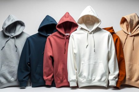 Collection of best blank hoodies for screen printing in multiple colors including gray, navy, coral, white, orange, and tan