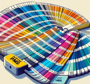 Pantone PMS color guide fan deck displaying a wide range of standardized colors used in professional printing and branding