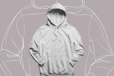 Ideas for hoodie design showing minimal blank hoodie with outlined graphic design variations on gray background